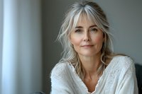 Confident mature woman with silver blonde hair wearing white knit sweater smiling gently at camera against soft natural window light background.