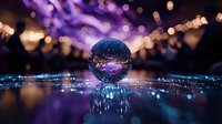 Crystal ball reflecting purple bokeh lights on wet surface creating magical atmosphere for meditation and fortune telling practices.