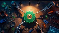 Overhead view of green gear surrounded by mechanical parts, tools, and robotic arms on dark surface with warm lighting, representing innovation and industrial automation.