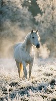 White horse standing in frost-covered meadow with frozen trees in background, winter landscape photography for nature and equestrian themes.