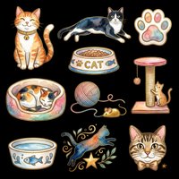 Feline collection featuring orange tabby, black and white, and brown tabby cats with accessories including food bowl, bed, toy ball, scratching post, water dish, paw print, and decorative elements isolated on transparent background. Ready for t-shirt design, clipart, stickers, print-on-demand, and sublimation projects.