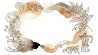 Coffee frame with watercolor splashes, steaming cup, beans and brewing equipment for cafe menu design, social media posts and beverage branding materials.