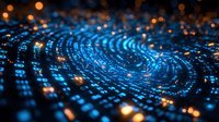 Glowing digital fingerprint pattern with binary code and orange light particles on dark background, representing cybersecurity and biometric technology.
