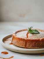Homemade sponge cake dusted with powdered sugar and drizzled with caramel sauce on ceramic plate, garnished with fresh mint leaves, close-up food photography.