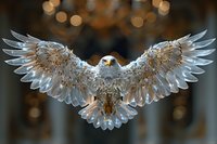 Majestic white eagle with spread wings soaring against dark background with bokeh lights, detailed feathers and powerful pose symbolizing freedom and strength.