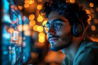 Young Middle Eastern man with curly hair and glasses wearing headphones smiles while looking at glowing screen display, orange bokeh lights create warm atmosphere.