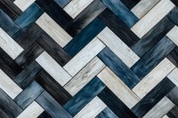 Geometric pattern of interwoven wooden planks in navy blue, black and white creating modern herringbone texture. Abstract architectural background for design projects.