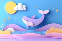 Playful purple whale swimming in paper art ocean waves under moon and stars, pastel colors composition with layered cut-out effect creates dreamy children scene.