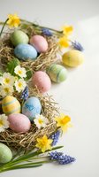 Colorful painted Easter eggs in wicker baskets with spring flowers daffodils and grape hyacinths on white background for holiday celebration and decoration.