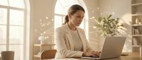 Professional businesswoman working on laptop in modern office space with natural lighting and contemporary interior design for corporate presentations.