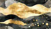 Luxurious abstract landscape with gold and black watercolor waves, metallic texture, and floating luminous dots creates modern minimalist art pattern.