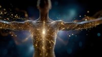 Glowing silhouette of person with arms spread wide against dark background, illuminated by golden light particles and energy streams flowing through body, representing spirituality.
