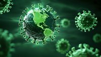 Green glowing virus particles with Earth globe inside showing Americas continent on dark background, medical science concept for global pandemic.