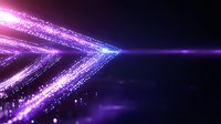 Glowing purple and blue arrow shape formed by particles and light streaks against dark background, creating dynamic forward motion effect.