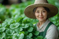 Asian woman farmer in straw hat and green apron smiling while tending to fresh leafy vegetables in greenhouse garden, representing sustainable agriculture and organic farming.