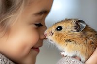 Adorable moment of young Asian girl nose to nose with pet gerbil showing gentle connection between child and small animal, captured in soft focus macro photography.