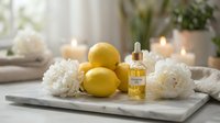 Bright yellow lemons and white peonies arranged with essential oil bottle on marble tray, spa and wellness styling for home decor and lifestyle content.