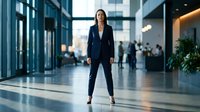Confident Caucasian businesswoman in navy suit standing in modern corporate office lobby, exuding leadership and professional authority in urban workplace.