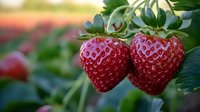 Fresh ripe strawberries growing on bush in garden, close up view of juicy red berries with green leaves in natural sunlight, organic farming concept.