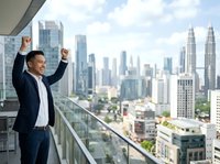 Businessman in dark suit and white shirt celebrating with raised fists on high-rise balcony overlooking modern city skyline with twin towers. Success, achievement, corporate victory concept.