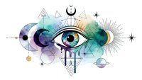 Mystical eye with geometric sacred symbols and watercolor splashes on white background isolated for spiritual design projects.