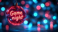 Glowing neon game night text on Christmas ball ornament against blurred red and blue bokeh background creates festive party atmosphere.