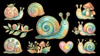 Colorful snail characters with ornate spiral shells in whimsical designs. Isolated on transparent background, ready for t-shirts, stickers, clipart, sublimation, and print-on-demand projects.