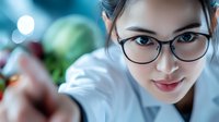 Young Asian female scientist in white lab coat and glasses examining sample in research laboratory with blurred background and bokeh lighting effects.