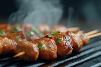 Grilled meat skewers with fresh herbs on barbecue grill, smoke rising in background creates atmospheric mood, close-up view shows juicy, glazed surface.