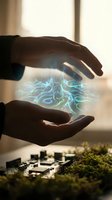 Hands protecting glowing digital energy sphere above electronic circuit board with moss, representing sustainable technology and environmental innovation.