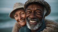 Happy elderly African American man with gray beard and knit cap smiling warmly with young woman embracing him from behind outdoors near water on overcast day.