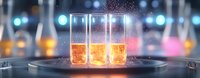 Glowing orange liquid in glass test tubes on metallic surface with sparkling particles and blurred laboratory lights in background creates futuristic science atmosphere.