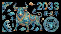 Ox zodiac sign 2033 with decorative ornamental elements, isolated on transparent background. Ready for t-shirt design, clipart, stickers, sublimation, print-on-demand products and digital crafts.