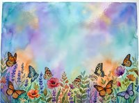 Watercolor garden scene with colorful butterflies flying over wildflowers against dreamy pastel sky background for spring and summer nature designs.