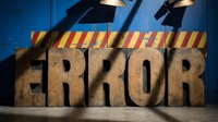 Weathered wooden letters spelling error with yellow and red warning stripes above, industrial spotlights casting shadows, concrete floor, concept for mistake, failure, problem-solving, web design, and error page backgrounds.