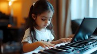 Young girl playing electronic keyboard piano at home with focused concentration and gentle lighting creating warm atmosphere.