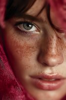 Close-up portrait of young Caucasian woman with freckles wearing red hood, natural beauty concept for skincare and cosmetics advertising campaigns.