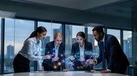 Business team analyzing holographic data projections in modern office conference room with city skyline view during strategic planning meeting.