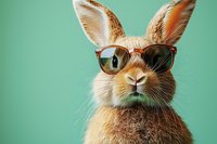 Stylish brown rabbit wearing sunglasses against mint green background, close up portrait of funny bunny face with trendy eyewear and expressive look.