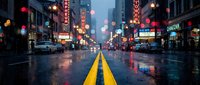 Rainy city street at night with glowing neon signs, wet asphalt reflecting colorful bokeh lights, yellow road markings, urban atmosphere.