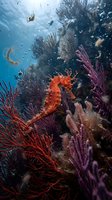 Orange seahorse swimming among vibrant coral reef with purple and red sea fans in tropical underwater marine ecosystem with bubbles and natural sunlight.