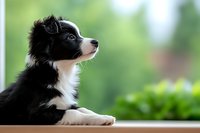 Border Collie puppy with black and white fur lying down outdoors, looking up attentively against blurred green natural background. Focused expression and alert pose.