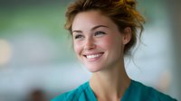 Young woman with radiant smile wearing turquoise medical scrubs, natural makeup and casual updo hairstyle against blurred hospital background. Healthcare professional portrait.