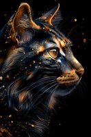 Mystical cat portrait with glowing orange particles against black background, detailed fur texture and luminous eye creating dramatic fantasy atmosphere.