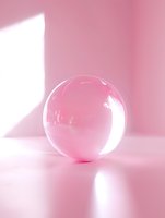 Crystal clear glass sphere on pink background with soft shadows and light reflections, creating minimalist composition with dreamy aesthetic mood.