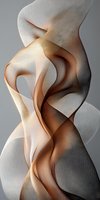 Elegant flowing fabric in soft beige and cream tones creating abstract organic shapes against neutral gray background.