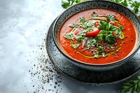 Homemade creamy tomato soup garnished with fresh herbs, chili slices and black pepper in dark ceramic bowl on light marble background. Food photography.