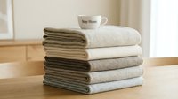 Stack of folded soft wool blankets in neutral beige and gray tones on wooden table with a cozy mug on top, warm home comfort.