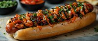 Grilled hot dog topped with fresh chopped tomatoes, onions and herbs in toasted bun, garnished with parsley and sauce, served on parchment paper.