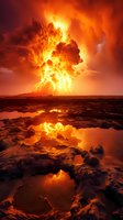 Dramatic volcanic eruption with lightning at sunset, reflected in water pools on rocky foreground, creating intense orange and red atmospheric scene.